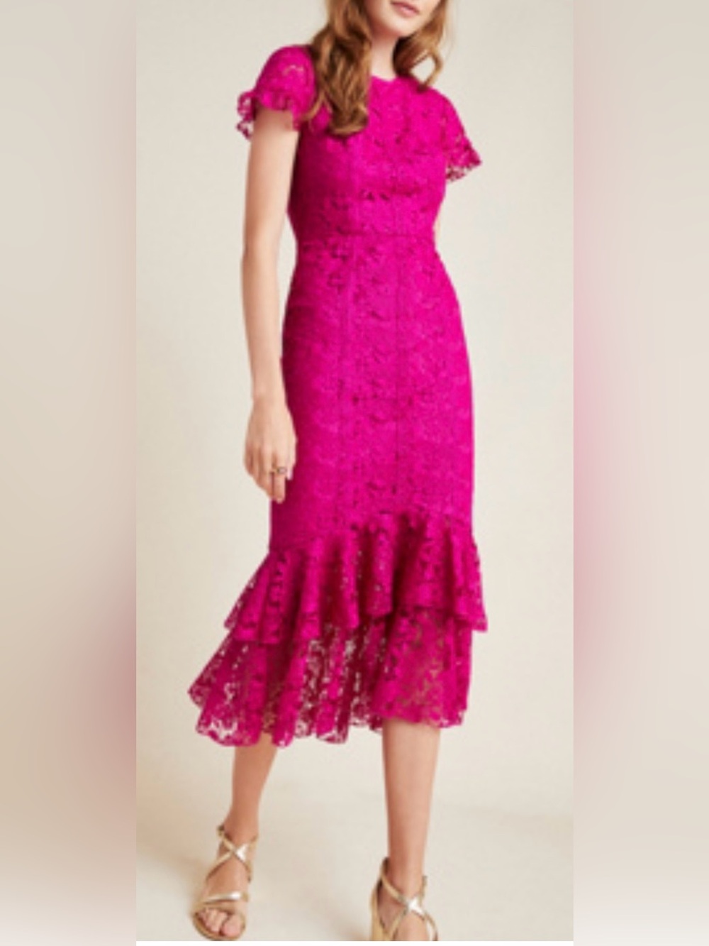 Monique Lhuillier  Floral  Ruffle Lace Midi Dress Size 10